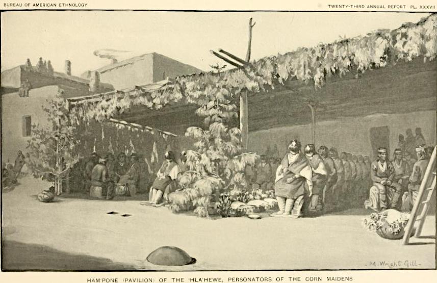 Cérémonie Zuñi Hämpone, llieu des 'Hla'hawe, les personnificateurs des jeunes filles du maïs, c. 1900